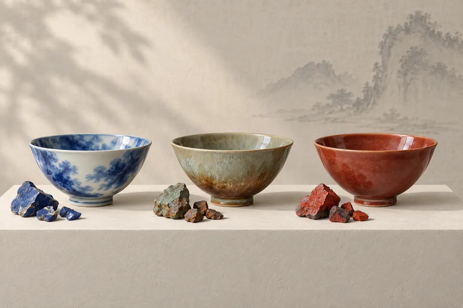 青花蓝、铁系青褐与铜红三种釉色小碗及矿物原料