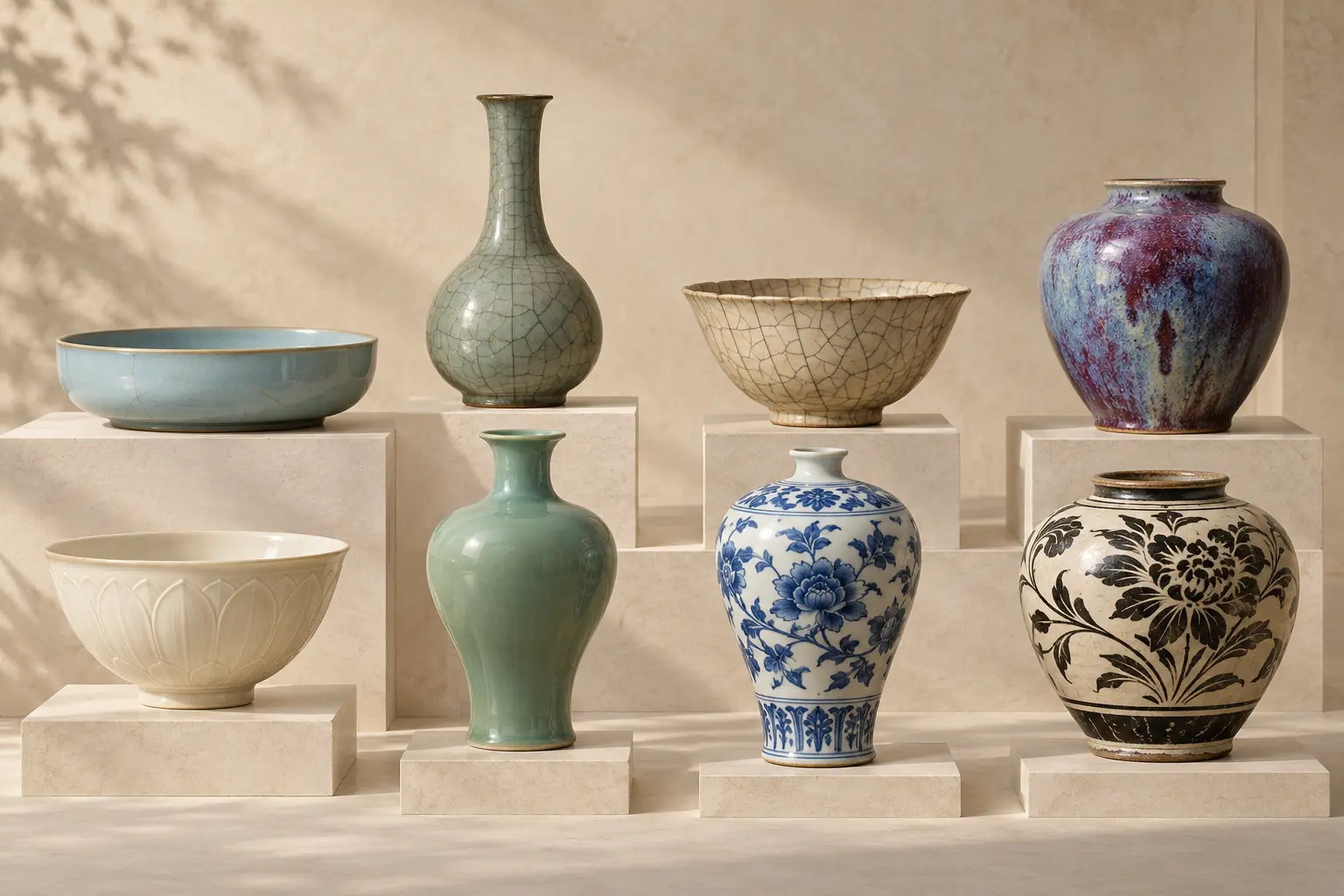 青瓷、白瓷、钧釉、青花与磁州窑瓷器陈列
